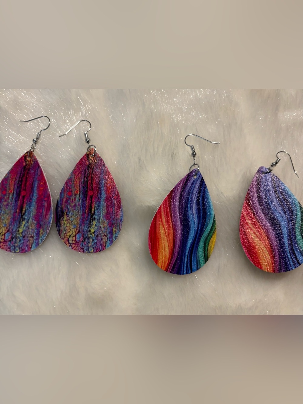 Bundle set of 2 Multicolor Rainbow Teardrop Faux Leather Earrings Vibrant Wave